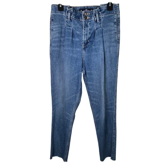 Hollister Paper bag Denim Jeans Raw Hem Pleated High Rise Size 9 Long Tall Pants - Picture 1 of 7